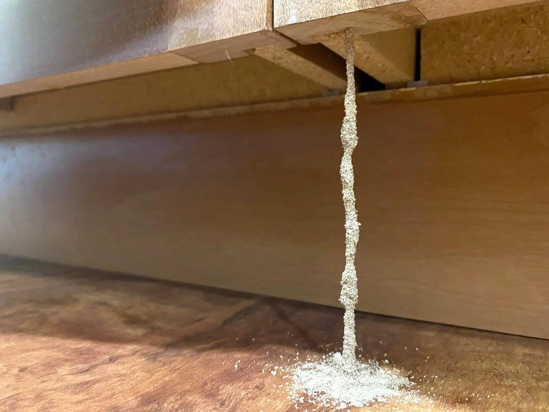 Termite mud tube decending from kitchen cabinets onto the linoleum floor where they ended.